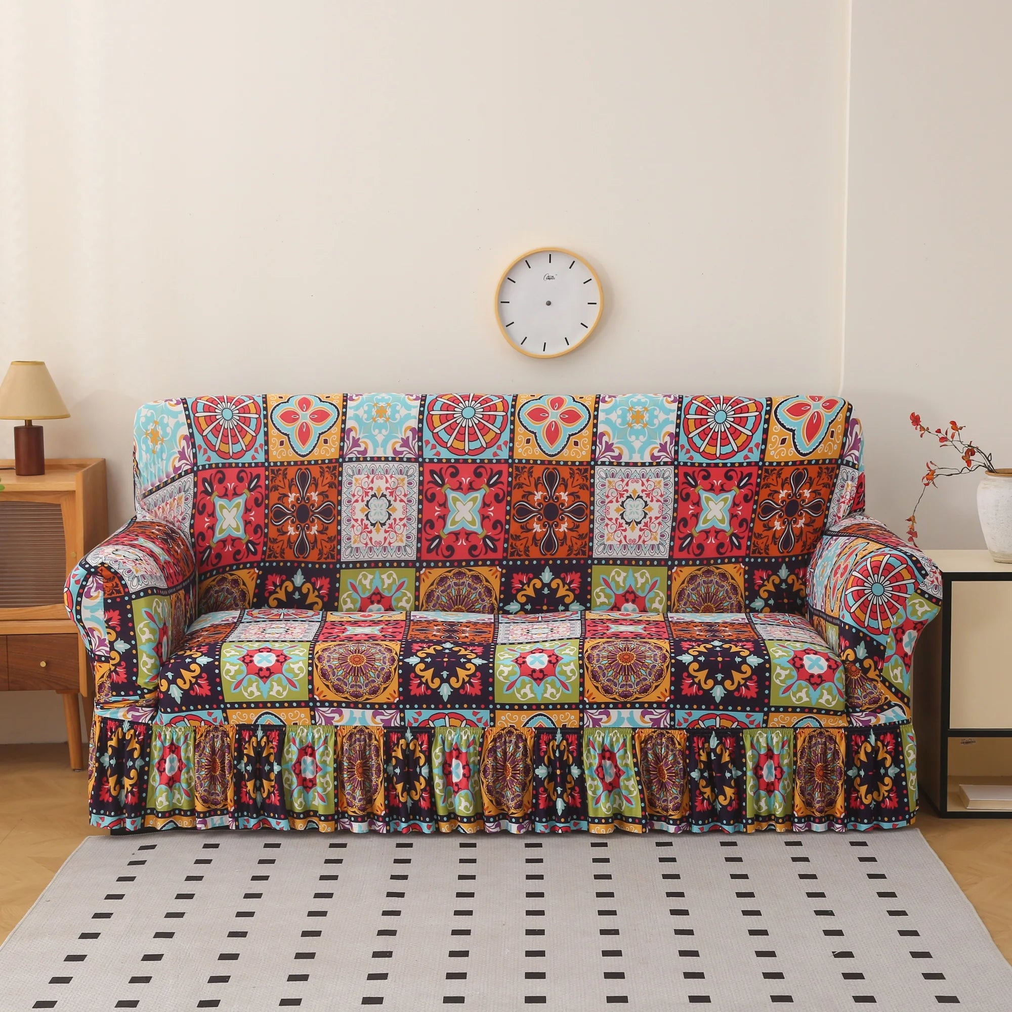 Bohemian Style Sofa Cover with Skirt Design Elastic Fabric Decorative Elegant Comfortable Furniture Protection