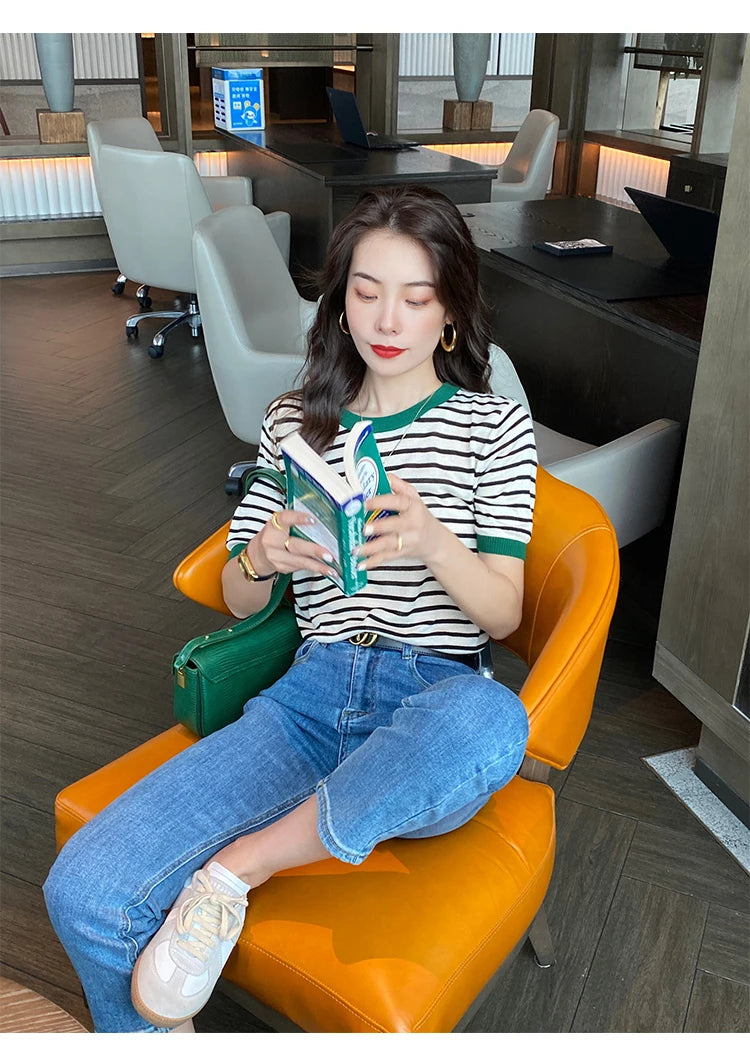 2026 Stripe Tops Women Knitted Round Collar Summer Print Short Sleeve Casual Simple Wild T-Shirt