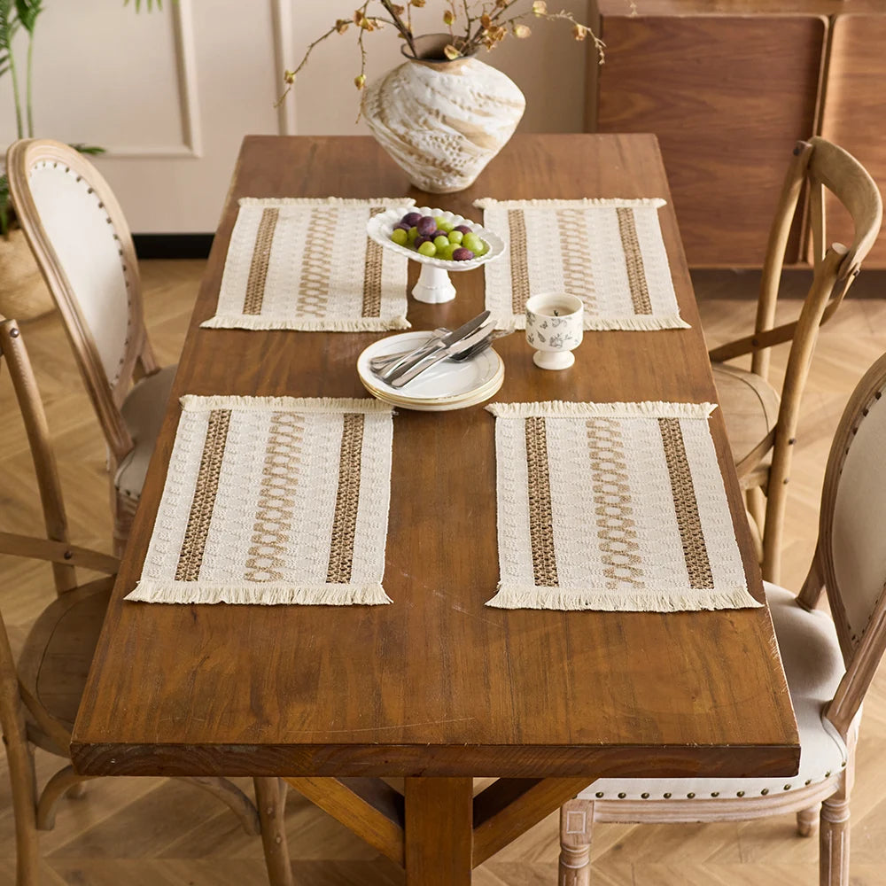 Placemat Set of 4，Handmade Boho Natural Cotton Burlap and Water Straw Woven Combination Table Mats, Macrame Décor and Farmhouse