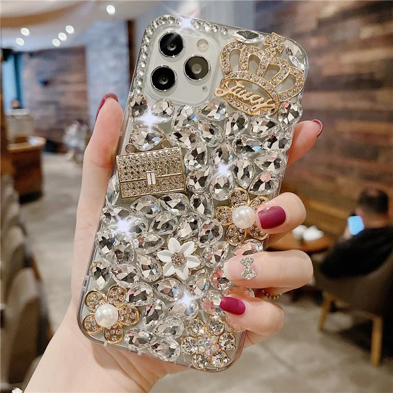 Luxury Bling Flower Diamond Bag Crown Rhinestone Case For iphone 15Pro 14Plus 13 Mini 12 11Pro 17 Air 16 PLUS Cover