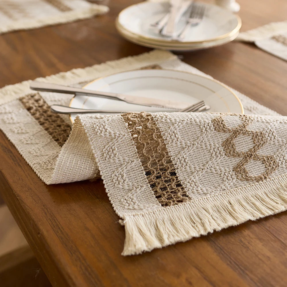Placemat Set of 4，Handmade Boho Natural Cotton Burlap and Water Straw Woven Combination Table Mats, Macrame Décor and Farmhouse