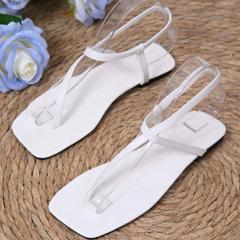 Fashion Women Square Toe Clip Toe Sandals Summer Soft Sole Comfort Non Slip Beach Sandels Bright Color Narrow Band Zapatos Mujer