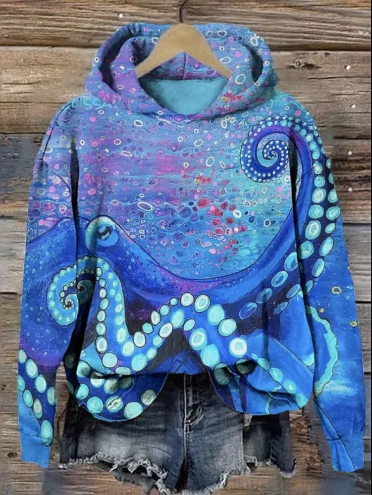 Hoodies Sweatshirts Printed Crewneck Blue Ocean Tentacles Casual Colors Outdoors Sports Harajuku Streetwear Women Men Clothing