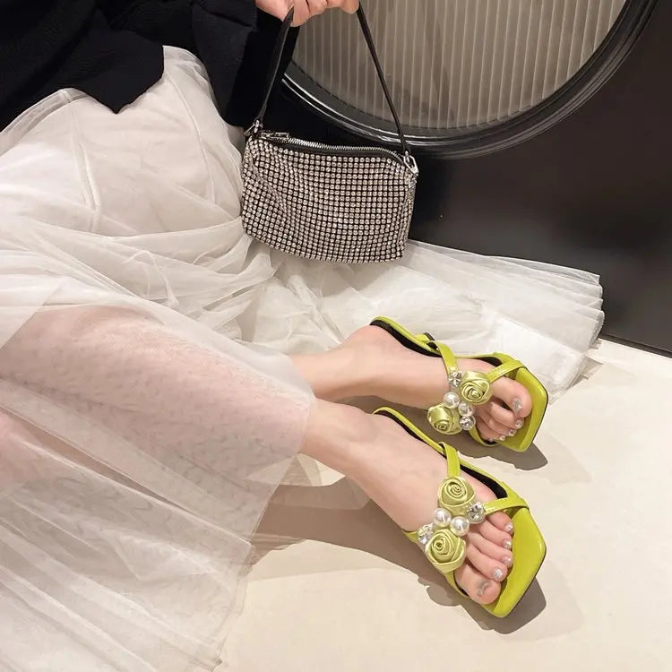Fashionable Floral Pearl Summer Sandals Women's Trendy Slip-On Shoes Korean Style Elegant Mid Heel PU Leather Artificial Inte