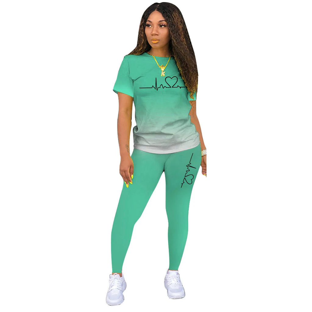 Summer Women Fashion Print Clothes T-shirt and Pants Suit Summer Sport Wear Casual Cotton Yoga Gym Lady Clothes Suit