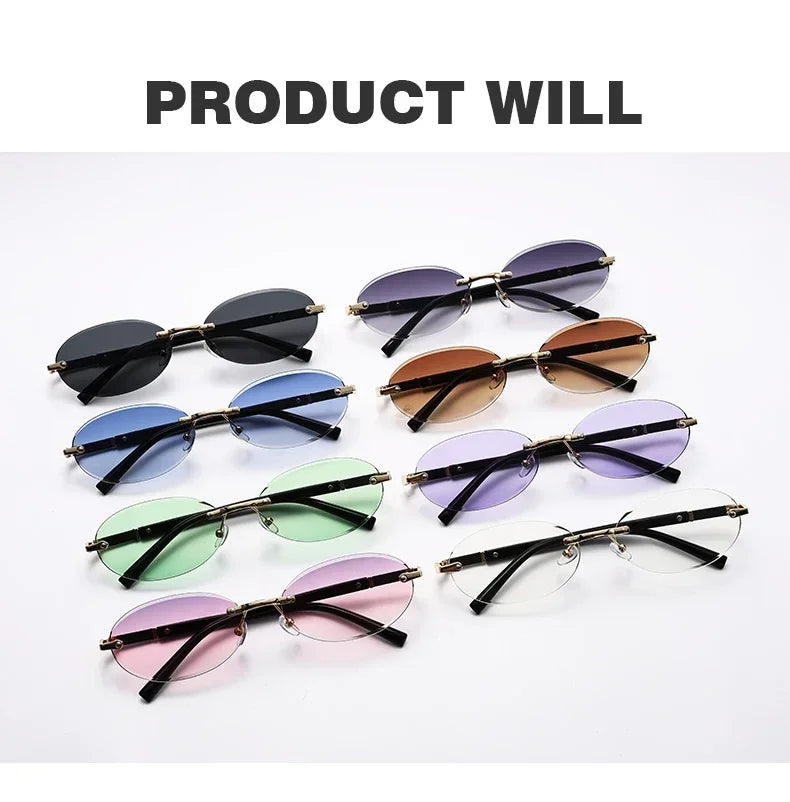 Popular Women Shades Oval Sun Glasses for Female Male Summer Glasses UV400 Rimless Sun Glasses Round Fashion Gafas De Sol Очки