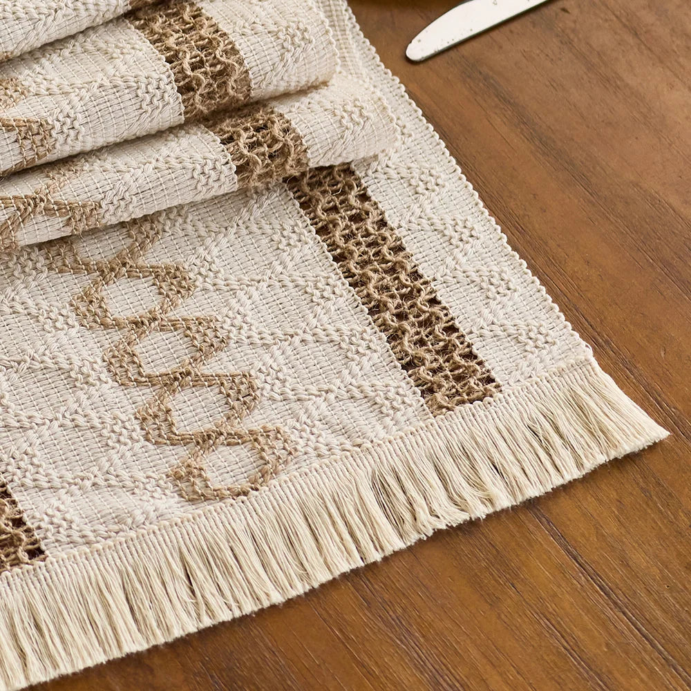 Placemat Set of 4，Handmade Boho Natural Cotton Burlap and Water Straw Woven Combination Table Mats, Macrame Décor and Farmhouse