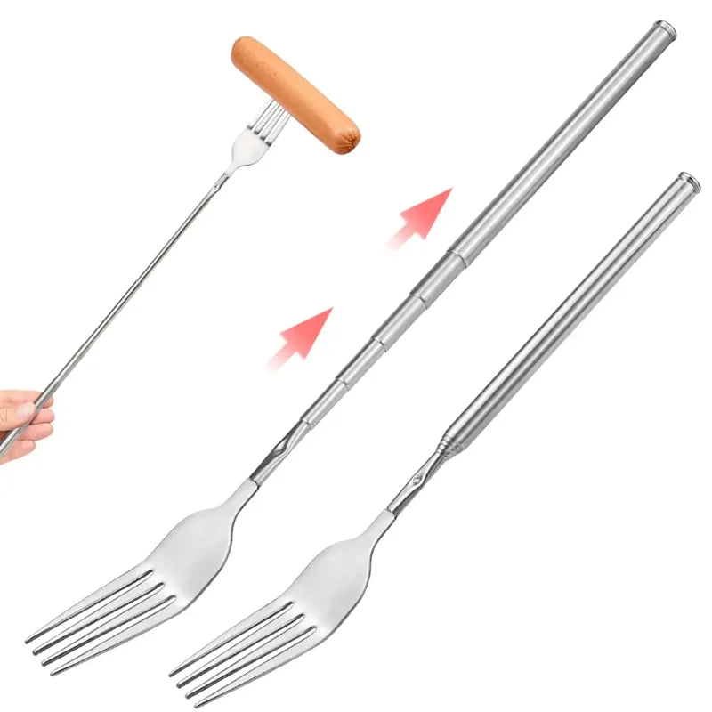 Retro Fork  BBQ Telescopic Extendable Dinner Fruit Dessert Long Handle Fork Stainless Steel Cutlery  Fork Tableware Bento Box