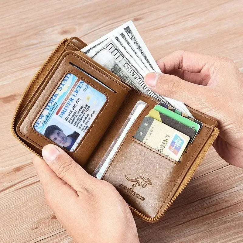 Mens RFID Protected Leather Wallet - Luxury Zippered Card Holder Purse for Business Cards with Elegant Carteira Masculina Style