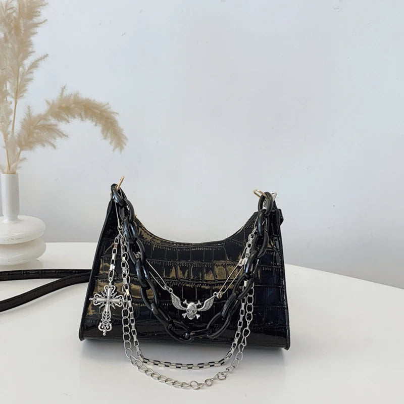 Cool Hot Girls Underarm Bags Purse Retro Punk Style Women Shoulder Handbags Chain Pu Leather Ladies Phone Crossbody Bag