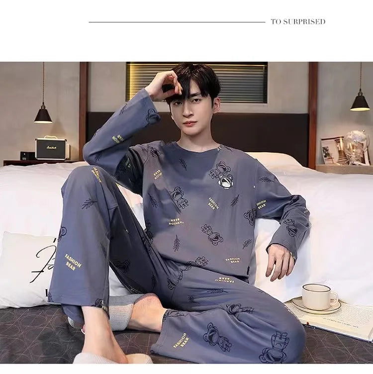 Plus Size Men Pajama Set Long Sleeve Long Pants Student Loose Casual Sleepwear Loungewear Two Piece Set Cartoon Nightwear