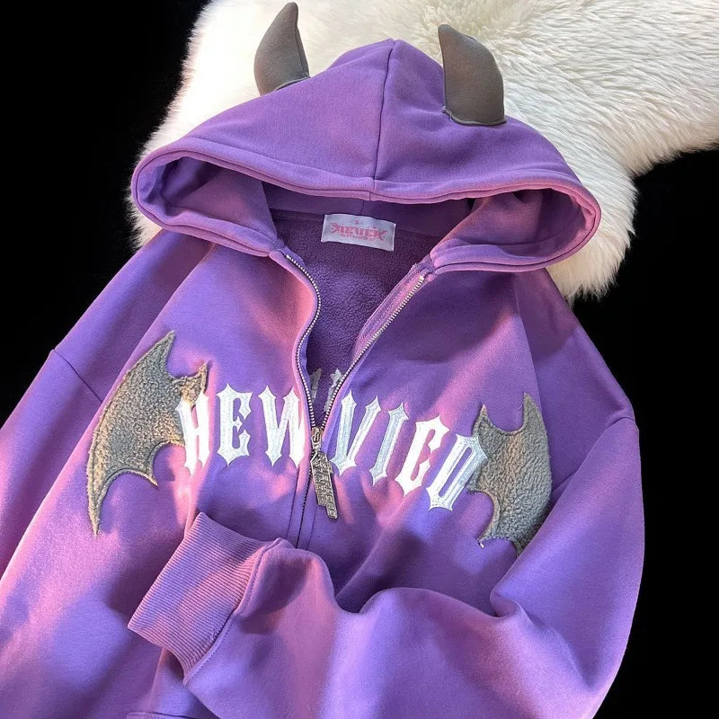 Hoodies Devil Women Men Dark Style Vintage Harajuku Hoody Zip Up Sweatshirt Hip Hop Streetwear Y2k Aesthetic Grunge Cardigan