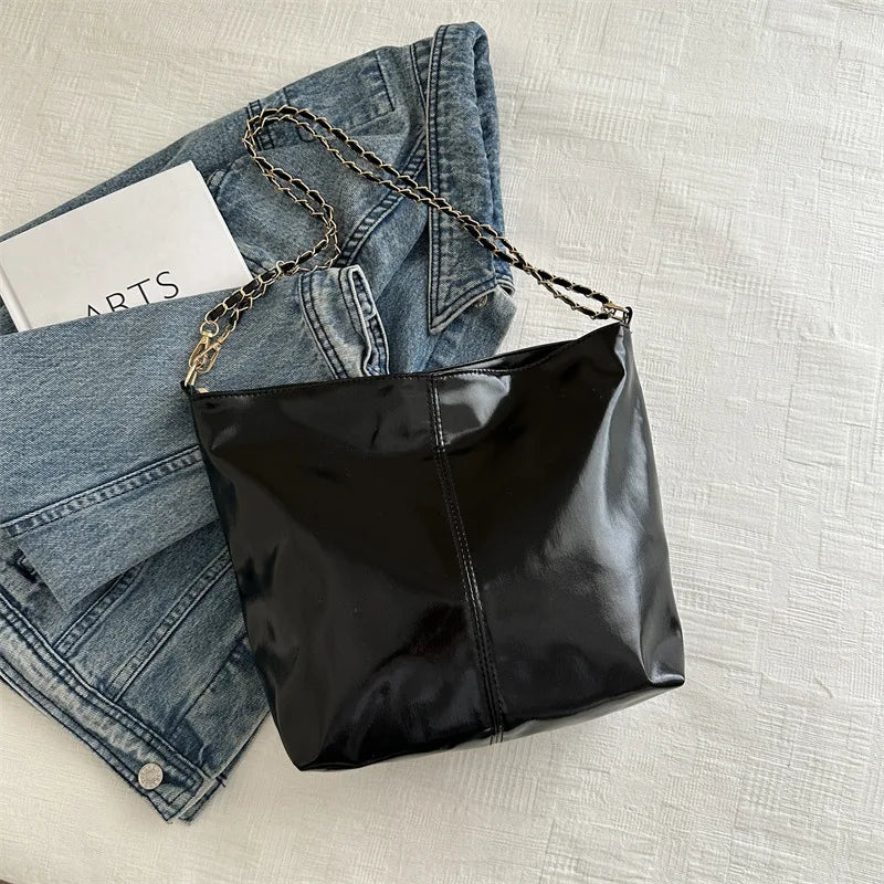 Glossy Tote Bags for Women Fashion High Capacity Shopping Pouch PU Leather Handags Shiny Casual Female Purse Girls Shoulder Bag