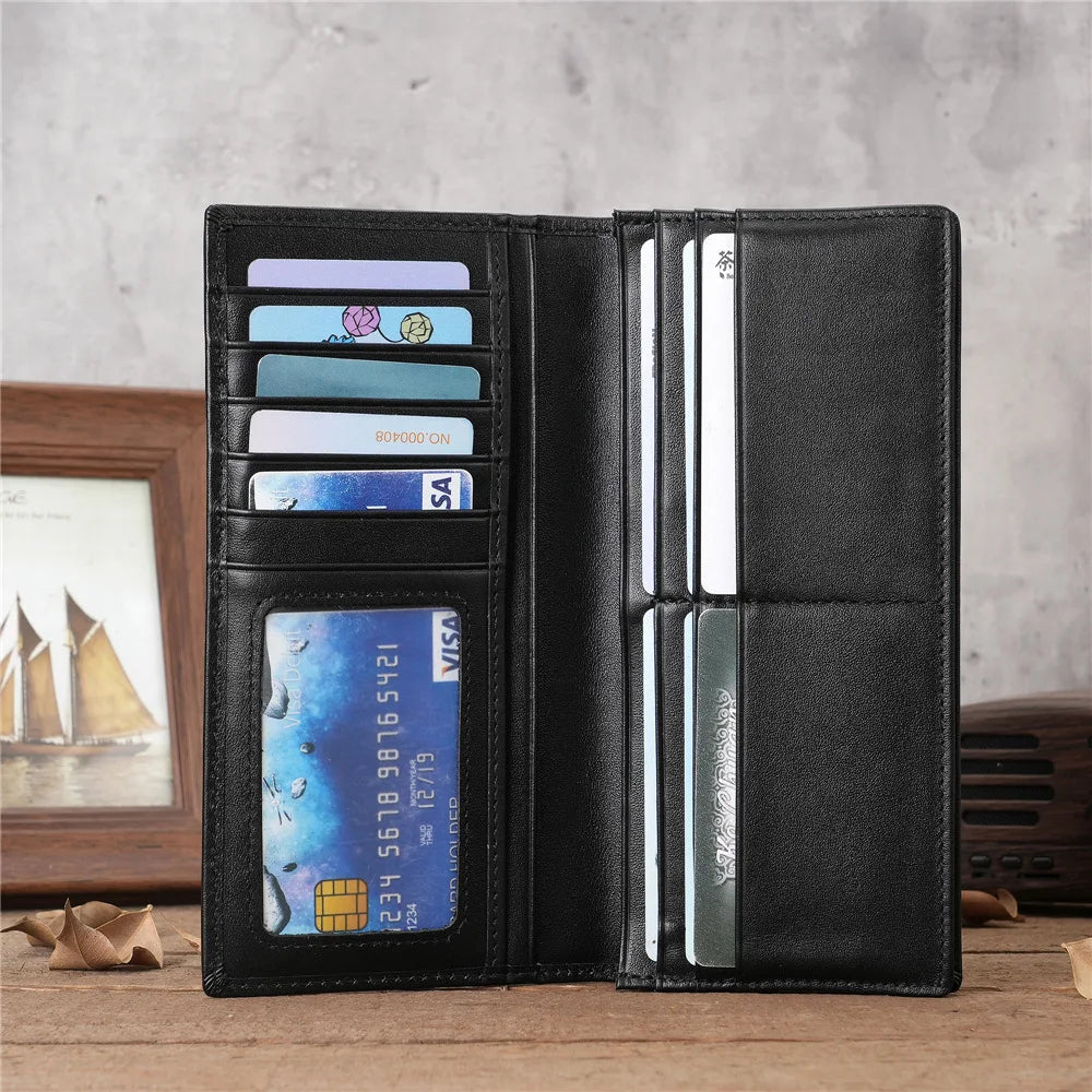 Mens Wallet Slim Genuine Leather Rfid Thin Long Bifold Wallets for Men Checkbook Credit Card Holder Purse with Zipper Coin Pouch