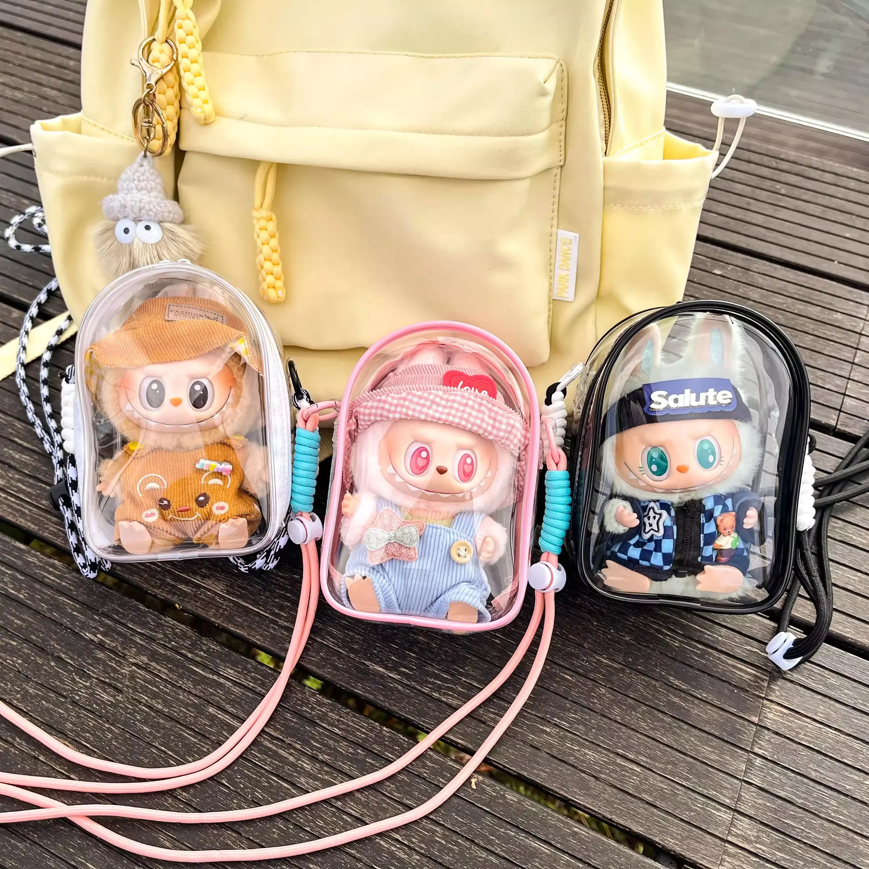 Labubu Protect Case Labubu Sitting Party 15cm Cotton Doll Shoulder Pain Bag PVC Storage Bag Labubu Walk Bag Dustproof