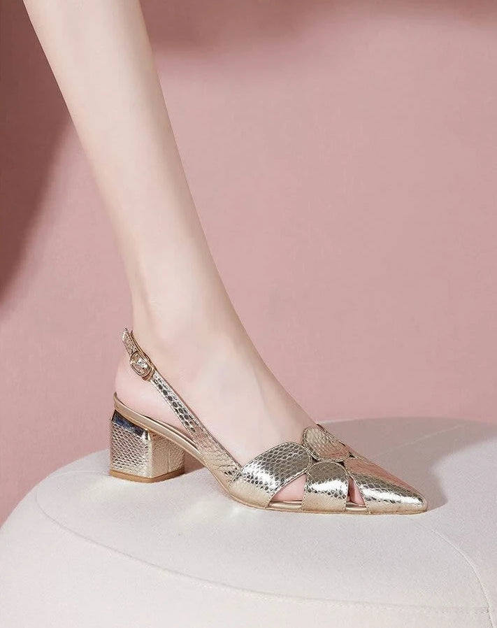 Sandals for Women Gold with Medium Heels Sexy Stripper Woman Shoes Pointed Toe Mules Chic and Elegant Daily 2025 Luxury or Korea