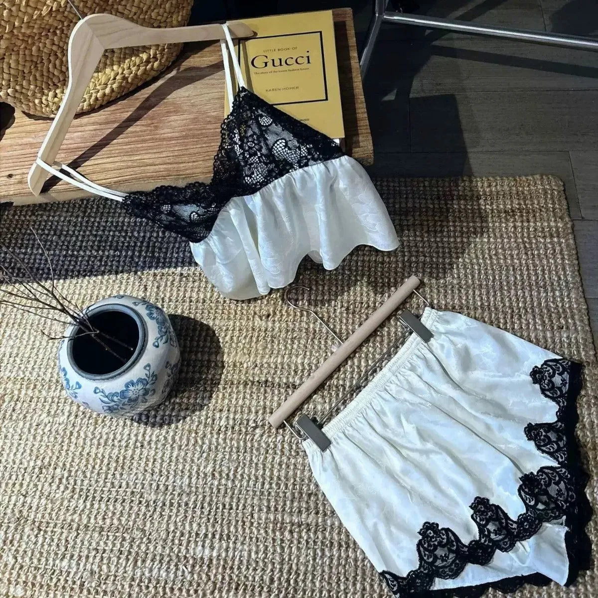 Summer Women Sleepwear 4Pcs Pajamas Set Sexy Black Lace Applique Home Clothes Loose Casual Satin Trouser Pijamas Suit Homewear