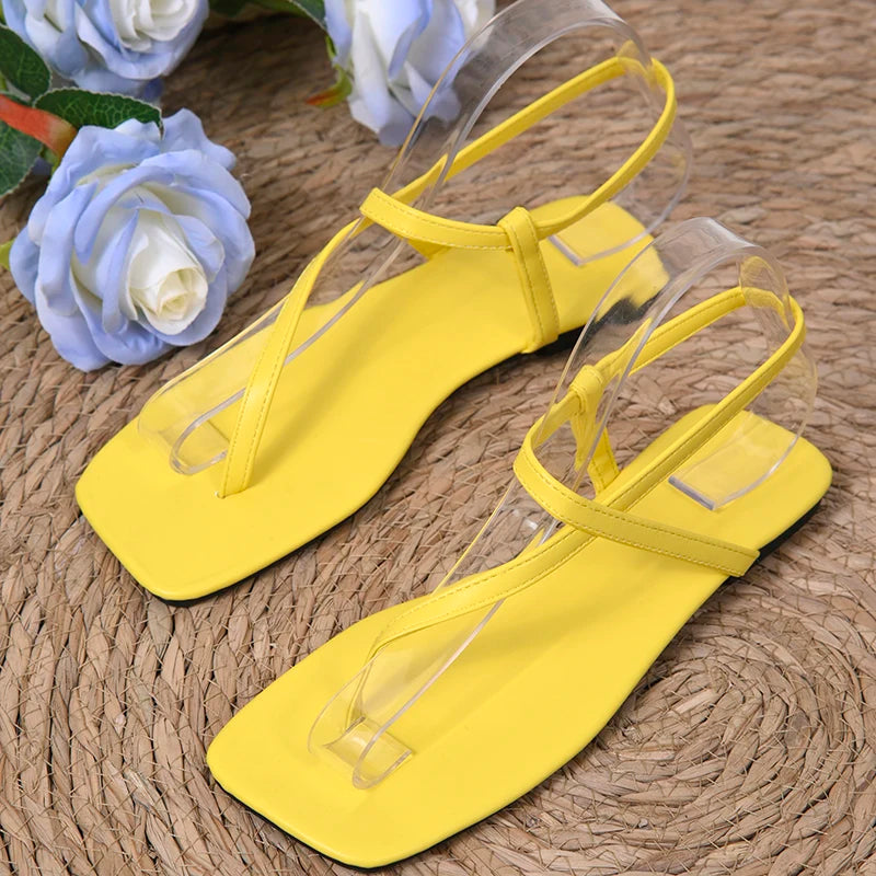 Fashion Women Square Toe Clip Toe Sandals Summer Soft Sole Comfort Non Slip Beach Sandels Bright Color Narrow Band Zapatos Mujer