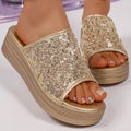 Women's Luxury Sequins Decor Gold Sandals 2026 Summer Thick Sole Platform Wedge Sandals Woman Plus Size 43 Designer Sandalias