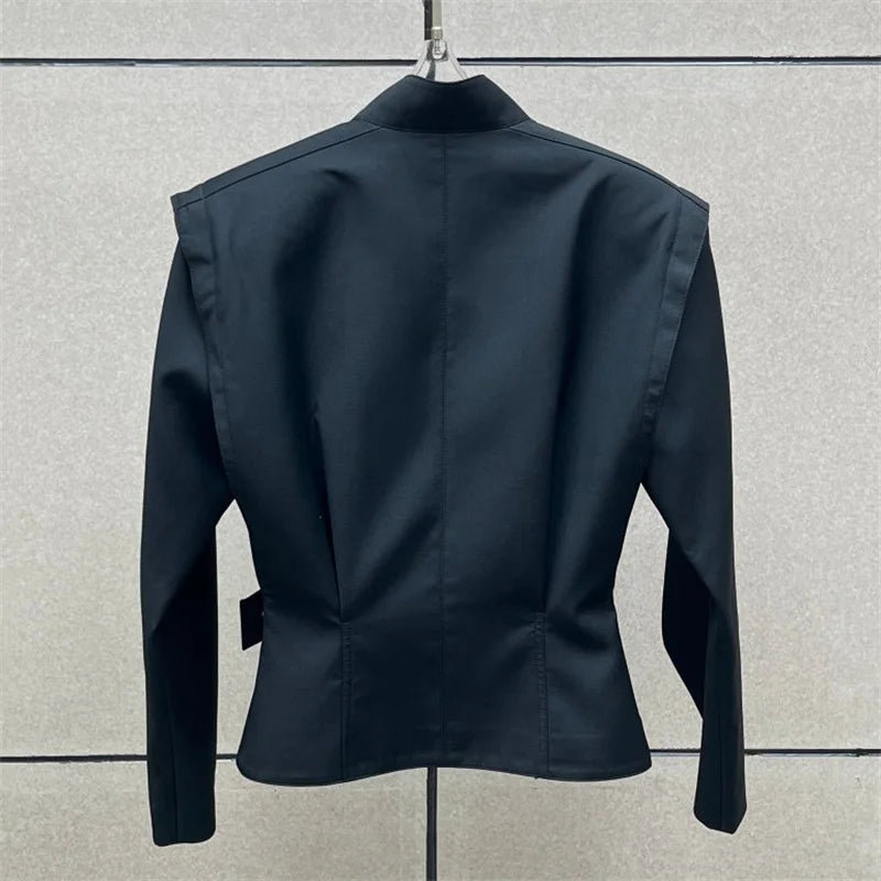 Women's jacket New asymmetrical stand up collar long sleeved top for winter 2025 waist cinching slim fit women's coat outerwears