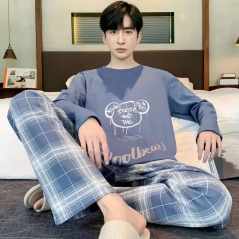 Plus Size Men Pajama Set Long Sleeve Long Pants Student Loose Casual Sleepwear Loungewear Two Piece Set Cartoon Nightwear