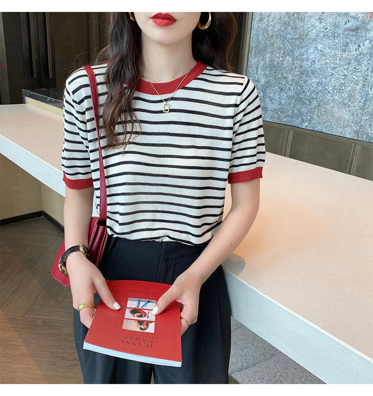 2026 Stripe Tops Women Knitted Round Collar Summer Print Short Sleeve Casual Simple Wild T-Shirt