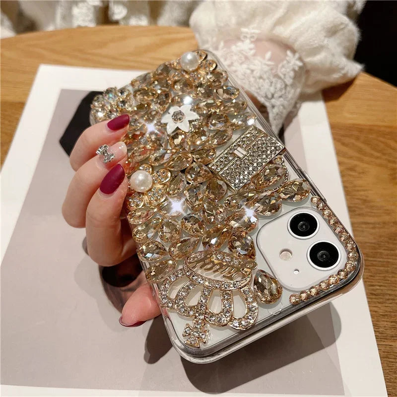 Luxury Bling Flower Diamond Bag Crown Rhinestone Case For iphone 15Pro 14Plus 13 Mini 12 11Pro 17 Air 16 PLUS Cover