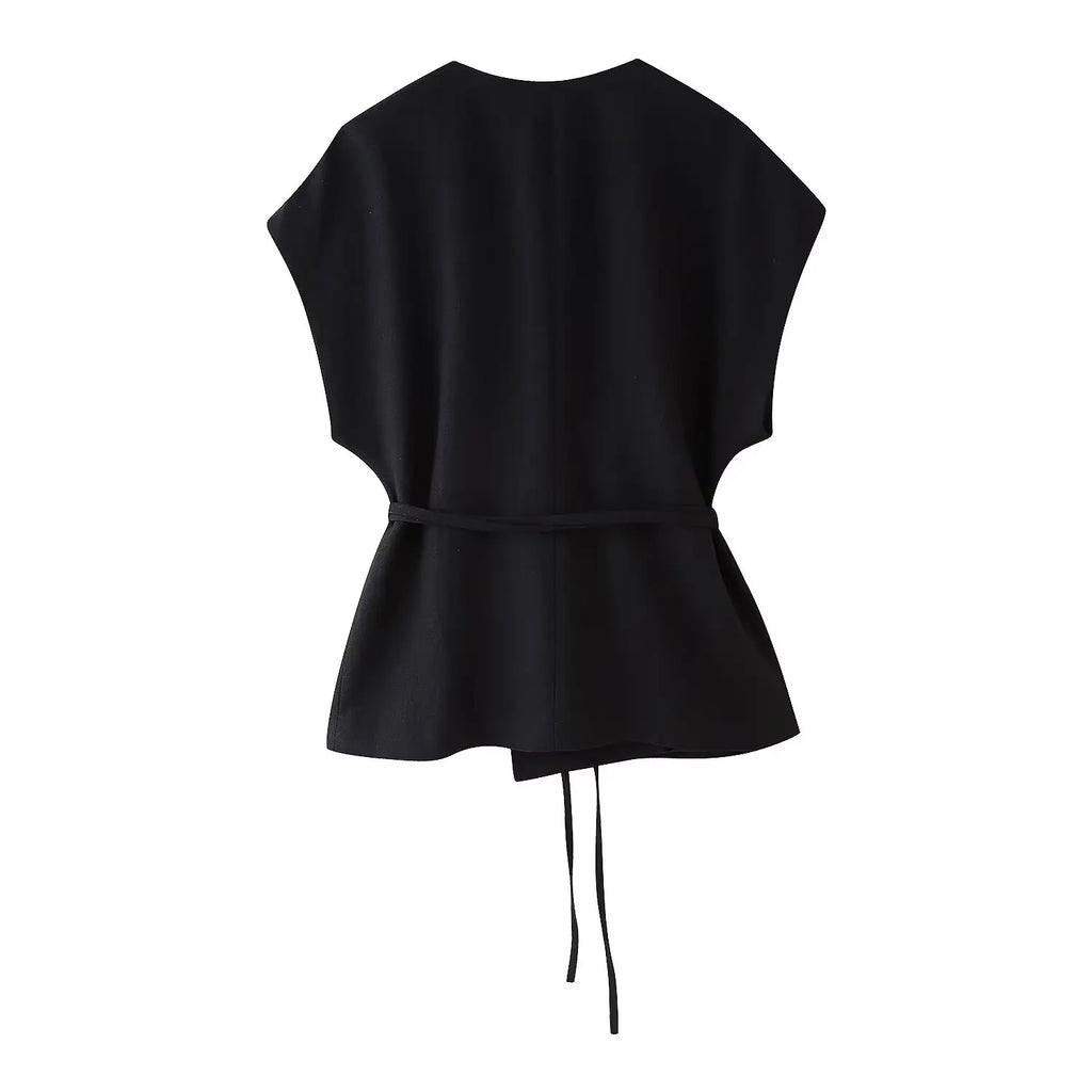 HH Women Summer Elegant Suits Flax Blended Double-lapel Lace-up Vest Tops Raglan Sleeve Button Decoration Streetwear Vest