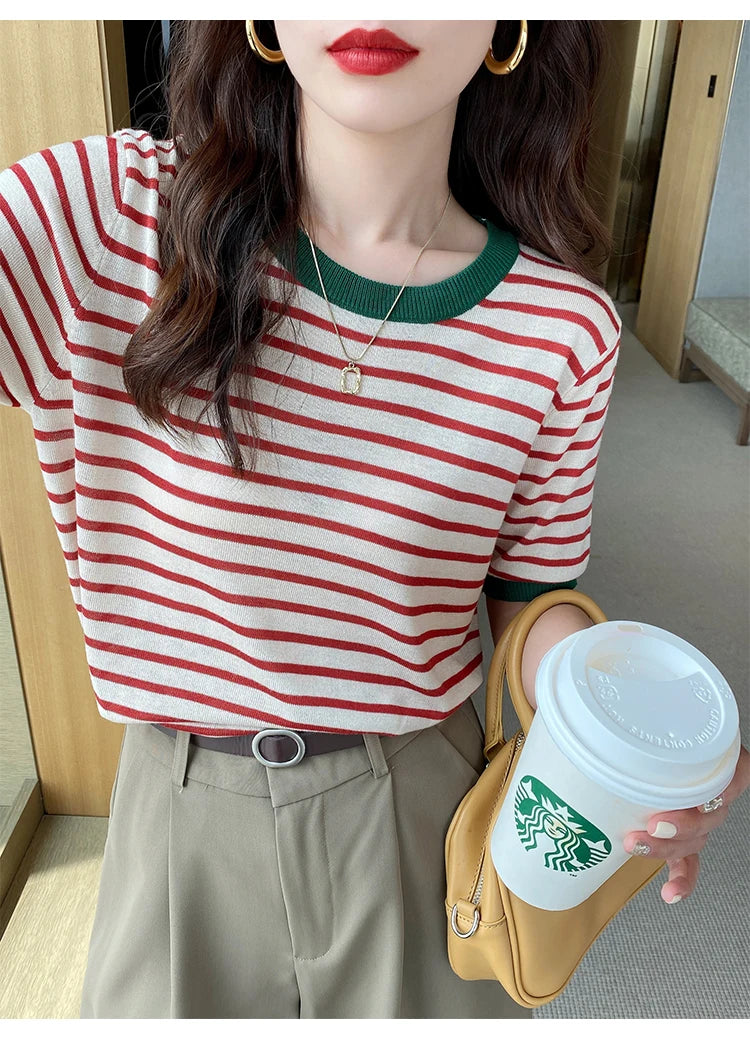 2026 Stripe Tops Women Knitted Round Collar Summer Print Short Sleeve Casual Simple Wild T-Shirt