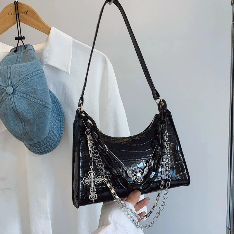 Cool Hot Girls Underarm Bags Purse Retro Punk Style Women Shoulder Handbags Chain Pu Leather Ladies Phone Crossbody Bag