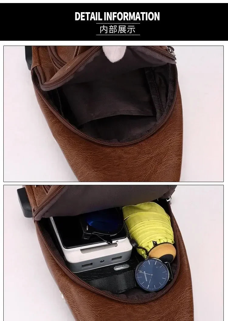 Men's Chest Bags Pack Business Messenger USB Charging Fashion PU Leather Waist Outdoor Casual Sports Brand Single Shoulder Bag