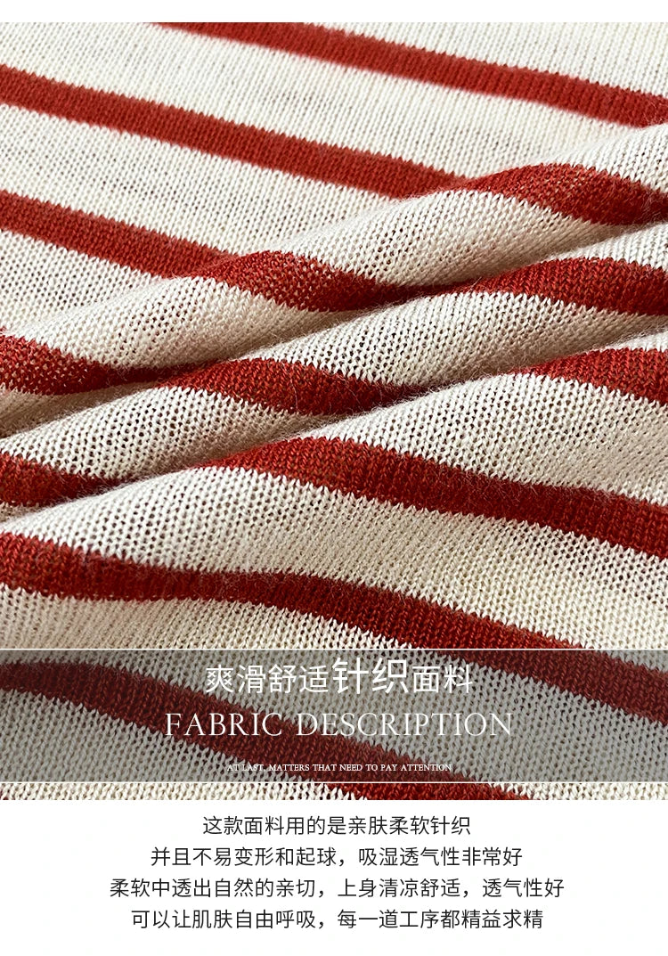 2026 Stripe Tops Women Knitted Round Collar Summer Print Short Sleeve Casual Simple Wild T-Shirt