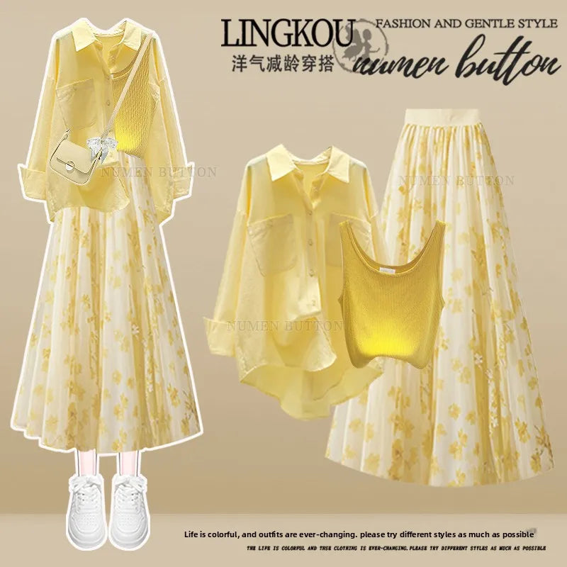 Summer Ele Yellow irt Inner Wear Vest High Waist Slim Floral f-length Skirt Tee-piece Set Women's Faion Ensemble