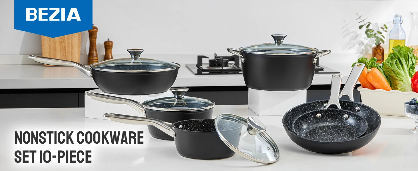 Induction Cookware Nonstick, 10-Piece, BEZIA Pots and Pans Set for Induction Cooktop, Compatible with All Stoves