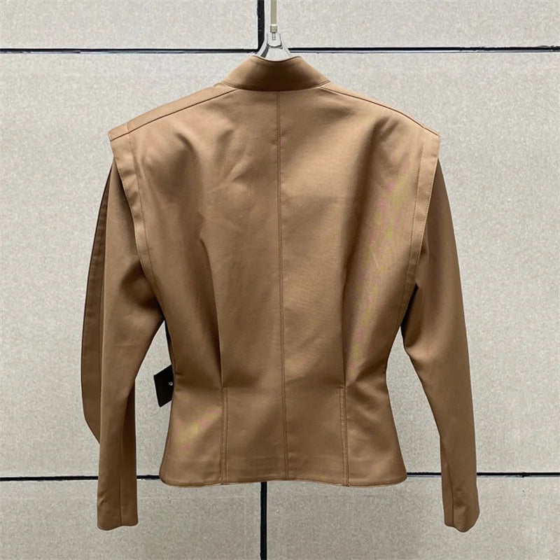 Women's jacket New asymmetrical stand up collar long sleeved top for winter 2025 waist cinching slim fit women's coat outerwears