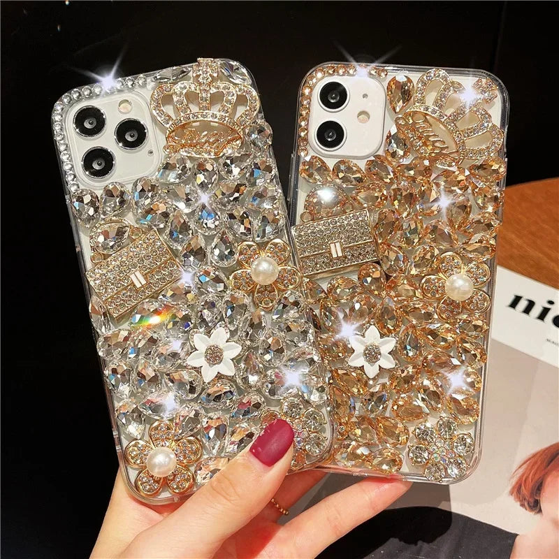 Luxury Bling Flower Diamond Bag Crown Rhinestone Case For iphone 15Pro 14Plus 13 Mini 12 11Pro 17 Air 16 PLUS Cover