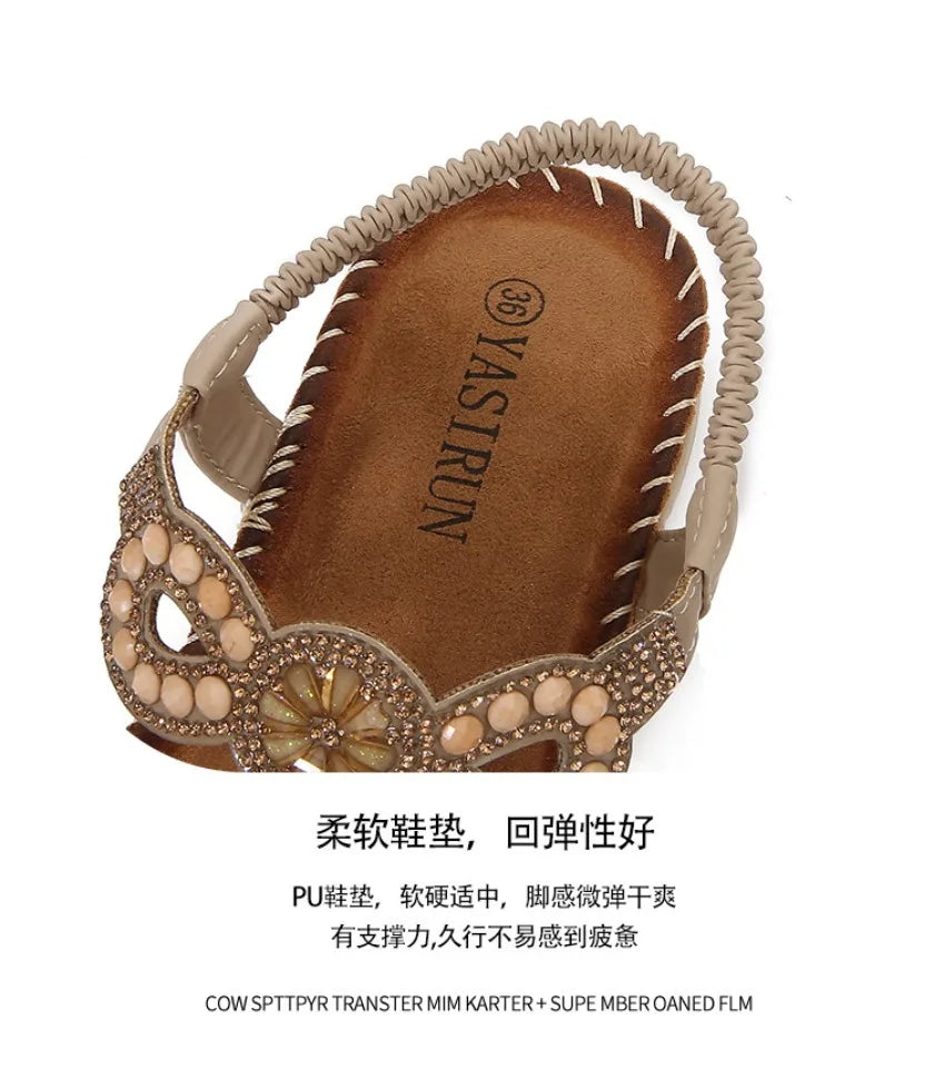 New fashionable Bohemian sandals, round-toe flat sandals for women, rhinestone-decorated large-size women's sandals
