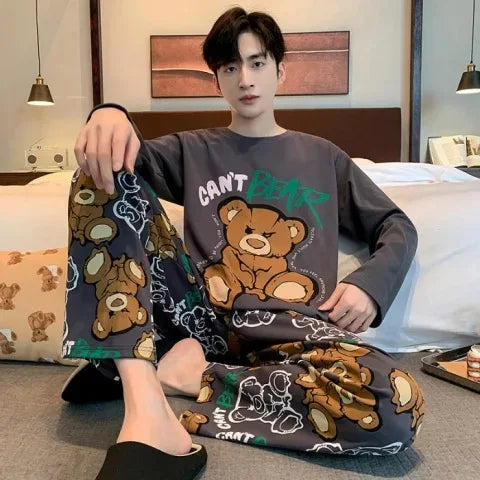 Plus Size Men Pajama Set Long Sleeve Long Pants Student Loose Casual Sleepwear Loungewear Two Piece Set Cartoon Nightwear