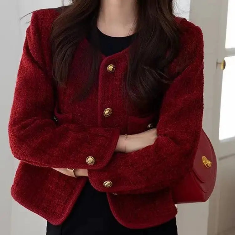 Women's Jacket 2024 Spring Autumn New Red Tweed Small Fragrance Coat Short Blazers Korean Fashion Elegant Female Tops Outerwear