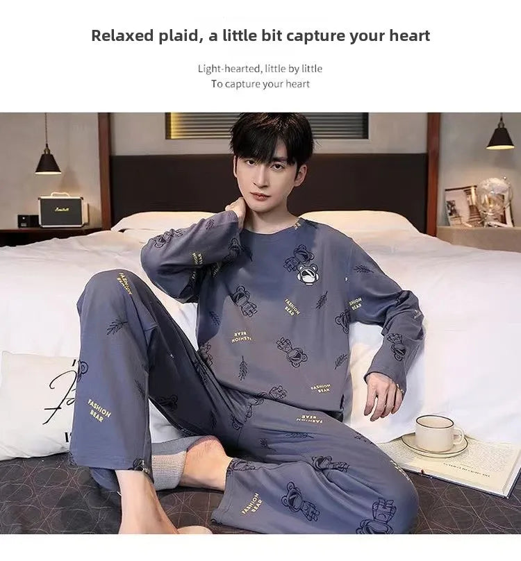 Plus Size Men Pajama Set Long Sleeve Long Pants Student Loose Casual Sleepwear Loungewear Two Piece Set Cartoon Nightwear
