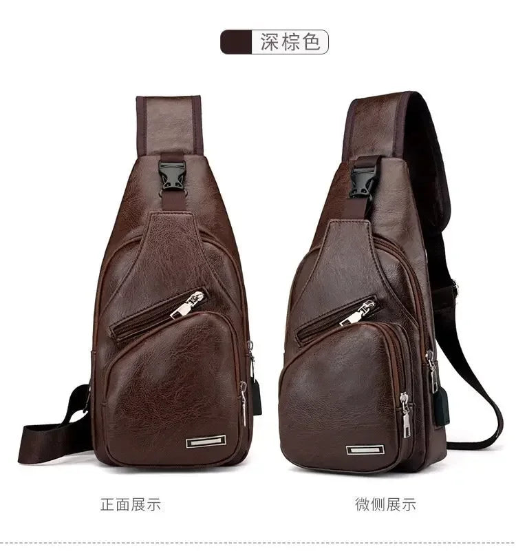 Men's Chest Bags Pack Business Messenger USB Charging Fashion PU Leather Waist Outdoor Casual Sports Brand Single Shoulder Bag