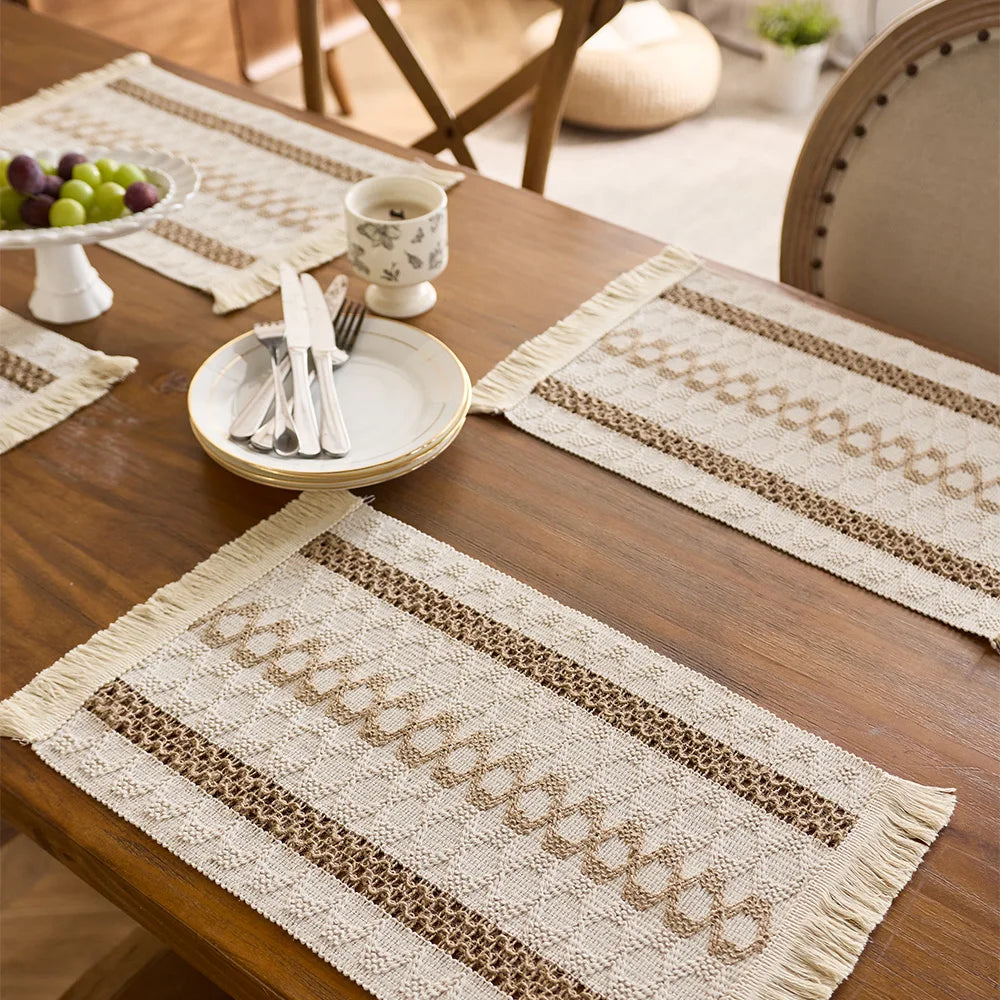 Placemat Set of 4，Handmade Boho Natural Cotton Burlap and Water Straw Woven Combination Table Mats, Macrame Décor and Farmhouse