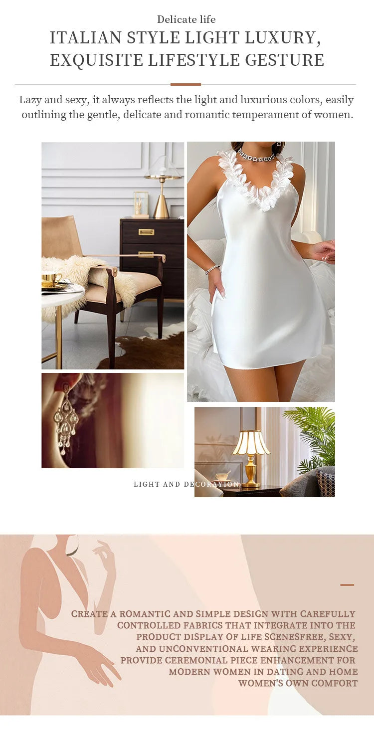 Summer Nightdress for Women Nightgowns Contrast Sensual Ice Silk Satin Deep V Backless Split Slip Sleep Dress Nighties