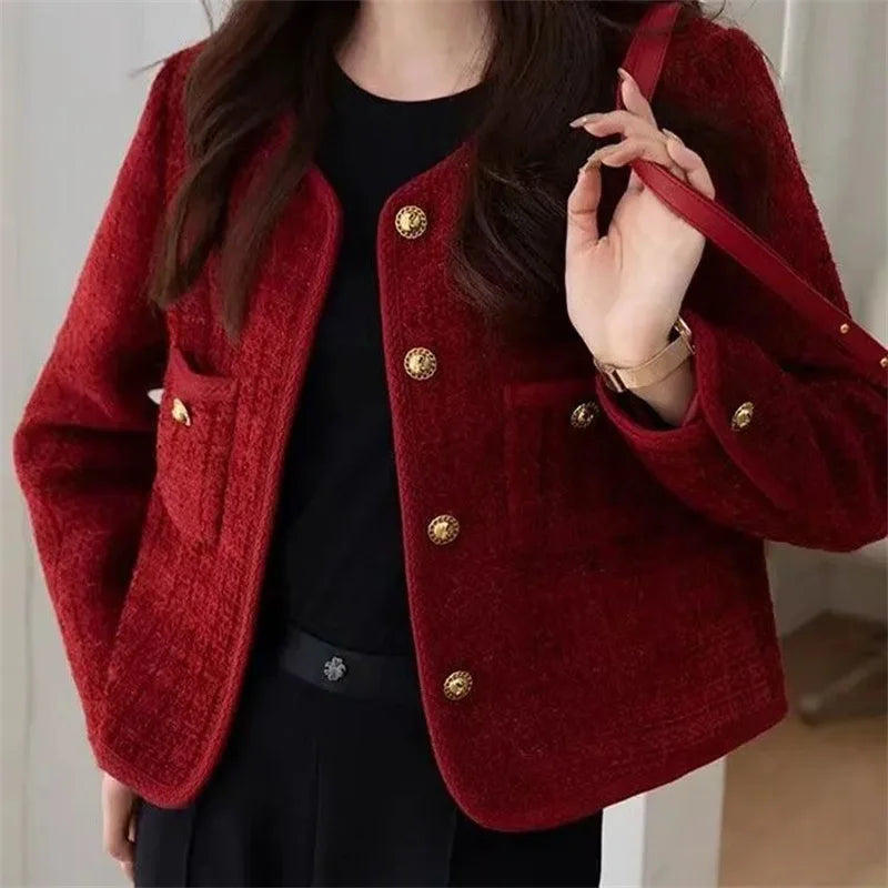 Women's Jacket 2024 Spring Autumn New Red Tweed Small Fragrance Coat Short Blazers Korean Fashion Elegant Female Tops Outerwear