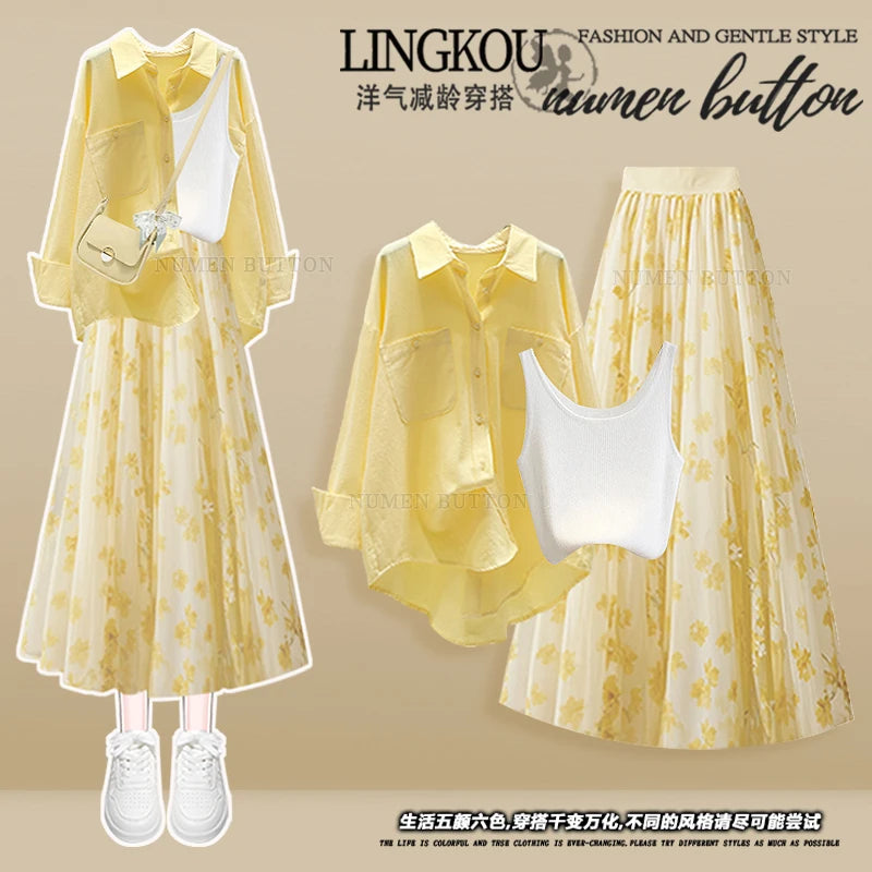 Summer Ele Yellow irt Inner Wear Vest High Waist Slim Floral f-length Skirt Tee-piece Set Women's Faion Ensemble