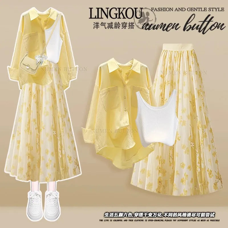 Summer Ele Yellow irt Inner Wear Vest High Waist Slim Floral f-length Skirt Tee-piece Set Women's Faion Ensemble