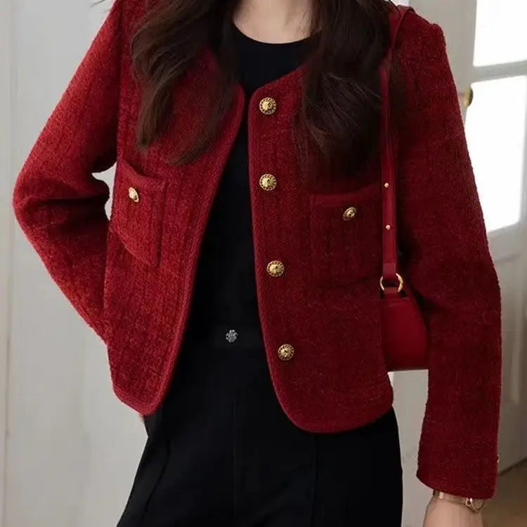 Women's Jacket 2024 Spring Autumn New Red Tweed Small Fragrance Coat Short Blazers Korean Fashion Elegant Female Tops Outerwear