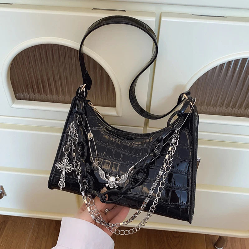 Cool Hot Girls Underarm Bags Purse Retro Punk Style Women Shoulder Handbags Chain Pu Leather Ladies Phone Crossbody Bag