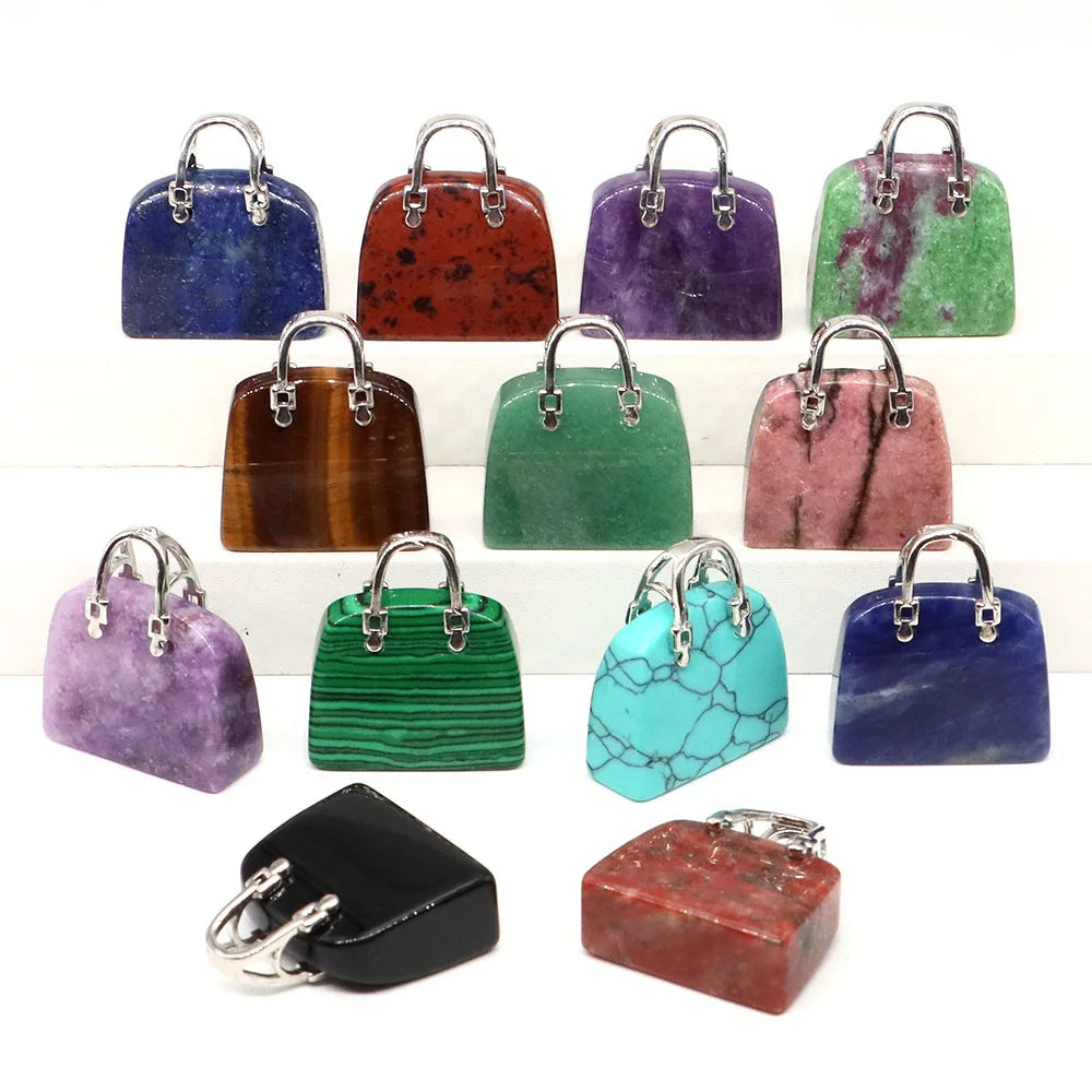 Handbag Shape Pendant Natural Crystal Stone Amethyst Quartz Healing Gems Fashion Bag Crafts for Jewelry Making DIY Necklace Gift