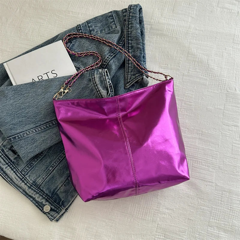 Glossy Tote Bags for Women Fashion High Capacity Shopping Pouch PU Leather Handags Shiny Casual Female Purse Girls Shoulder Bag